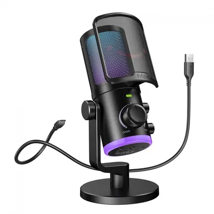 Microfone Gamer Fifine AmpliGame AM6, Condensador, RGB, USB, Preto